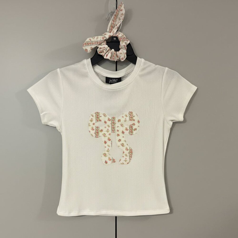 Just Polly New‎ York Floral Patch Logo Ribbed Tee & Scrunchie Juniors Size M